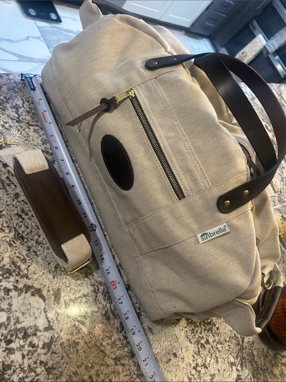 Glen Raven: Sunbrella Khaki Canvas Duffel Bag with Leather Accents